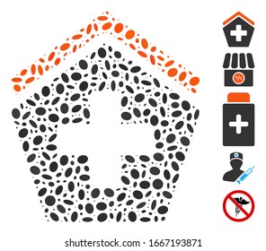 Dot Mosaic based on hospital. Mosaic vector hospital is composed with scattered ellipse elements. Bonus icons are added.