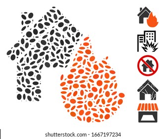 Dot Mosaic basado en el desastre del incendio de una casa. El desastre del fuego de la casa vectorial mosaico se crea con elementos elípticos aleatorizados. Se agregan iconos de bonificación.