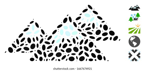 Dot Mosaic based on icecap mountains. Mosaic vector icecap mountains is composed with randomized oval elements. Bonus icons are added.