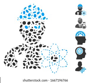 Dot Mosaic based on industrial scientist. Mosaic vector industrial scientist is created with randomized oval items. Bonus icons are added.