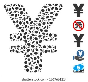 Dot Mosaic basado en yenes japoneses. El yen vectorial mosaico japonés está diseñado con puntos elípticos aleatorios. Se agregan iconos de bonificación.