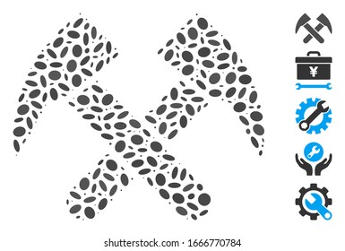 Dot Mosaic based on job hammers. Mosaic vector job hammers is formed with randomized oval spots. Bonus icons are added.