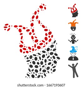 Dot Mosaic based on joker guy. Mosaic vector joker guy is formed with random oval items. Bonus icons are added.