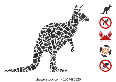 Mosaico de puntos basado en canguro. El canguro vectorial mosaico se crea con puntos rectangulares aleatorizados. Se agregan iconos de bonificación.