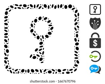 Dot Mosaic based on key. Mosaic vector key is designed with scattered elliptic spots. Bonus icons are added.