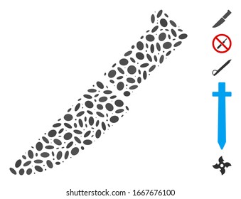 Dot Mosaic based on knife. Mosaic vector knife is formed with randomized oval spots. Bonus icons are added.