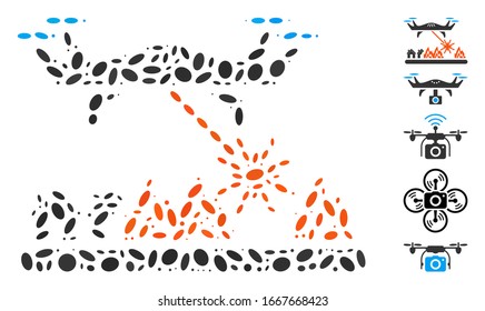 Dot Mosaic based on laser drone attacks village. Mosaic vector laser drone attacks village is created with random ellipse elements. Bonus icons are added.