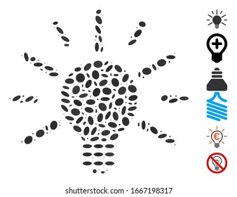Dot Mosaic based on light bulb. Mosaic vector light bulb is created with randomized elliptic elements. Bonus icons are added.