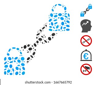 Dot Mosaic based on lock blockchain. Mosaic vector lock blockchain is created with scattered elliptic elements. Bonus icons are added.