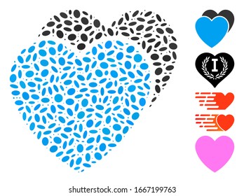Dot Mosaic based on love hearts. Mosaic vector love hearts is formed with randomized oval items. Bonus icons are added.