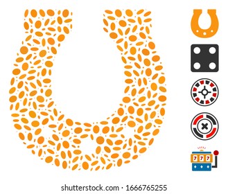 Dot Mosaic based on lucky horseshoe. Mosaic vector lucky horseshoe is formed with scattered ellipse elements. Bonus icons are added.