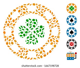 Dot Mosaic based on lucky casino chip. Mosaic vector lucky casino chip is composed with randomized ellipse spots. Bonus icons are added.