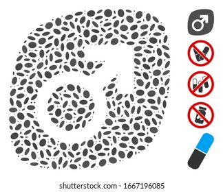 Dot Mosaic basierend auf männlichen Machttabletten. Mosaike Vektorillustration männliche Machttablette ist mit randomisierten ovalen Flecken konzipiert. Bonussymbole werden hinzugefügt.