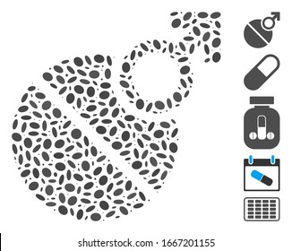 Dot Mosaic based on male erection tablet. Mosaic vector male erection tablet is created with random elliptic items. Bonus icons are added.