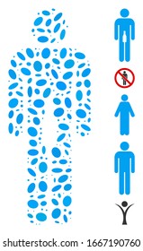 Dot Mosaic basiert auf dem Menschen. Mosaik Vektorillustration Mann besteht aus zufälligen elliptischen Flecken. Bonussymbole werden hinzugefügt.
