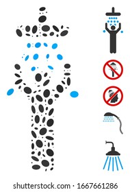 Dot Mosaic based on man under shower. Mosaic vector man under shower is designed with randomized ellipse spots. Bonus icons are added.