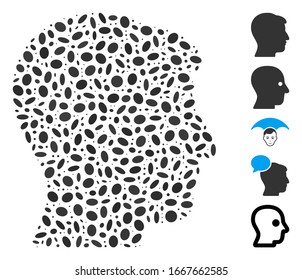 Dot Mosaic auf menschlichem Kopf basiert. Mosaik Vektorillustration Mann Kopf ist mit zufälligen elliptischen Flecken zusammengesetzt. Bonussymbole werden hinzugefügt.