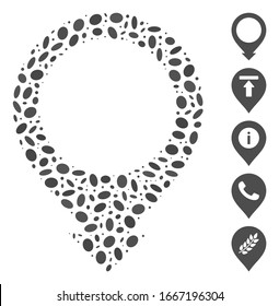 Dot Mosaic based on map pointer. Mosaic vector map pointer is created with scattered ellipse dots. Bonus icons are added.