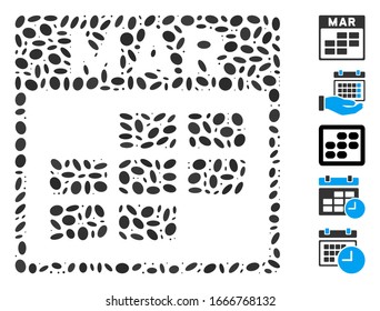 Mosaico de puntos basado en la cuadrícula del calendario de marzo. La cuadrícula del calendario Marzo vectorial mosaico está compuesta por puntos ovales dispersos. Se agregan iconos de bonificación.