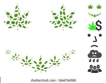 Dot Mosaic based on marihuana smile. Mosaic vector marihuana smile is created with random ellipse spots. Bonus icons are added.