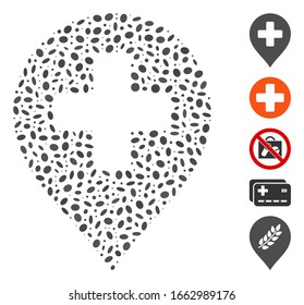 Dot Mosaic based on medical cross marker. Mosaic vector medical cross marker is composed with randomized elliptic dots.