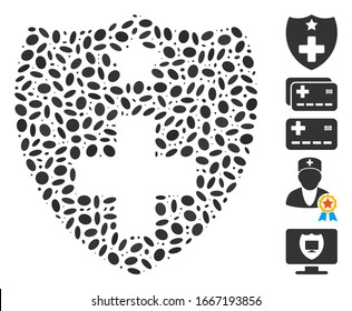 Dot Mosaic based on medical insurance shield. Mosaic vector medical insurance shield is designed with scattered elliptic items. Bonus icons are added.