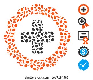 Dot Mosaic based on medical sticker. Mosaic vector medical sticker is designed with random ellipse items. Bonus icons are added.