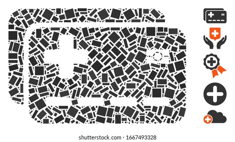 Dot Mosaic basado en tarjetas de seguro médico. Las tarjetas de seguro médico vectorial mosaico se forman con elementos rectangulares aleatorios. Se agregan iconos de bonificación.