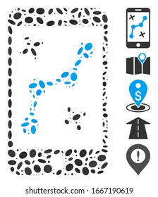 Dot Mosaic based on mobile route map. Mosaic vector mobile route map is formed with scattered ellipse elements. Bonus icons are added.