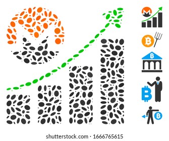 Dot Mosaic basierend auf Monero Wachstumsdiagramm. Mosaik Vektorillustration Monero-Wachstumskarte wird mit zufälligen Ellipse-Flecken erstellt. Bonussymbole werden hinzugefügt.