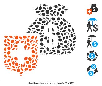 Dot Mosaic based on money bag shield. Mosaic vector money bag shield is formed with scattered elliptic elements. Bonus icons are added.