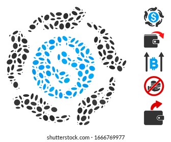 Dot Mosaic based on money care hands. Mosaic vector money care hands is composed with random oval spots. Bonus icons are added.