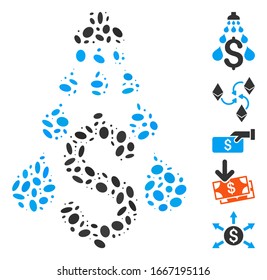 Dot Mosaic basado en el lavado de dinero. El blanqueo de dinero vectorial mosaico se crea con puntos ovales aleatorios. Se agregan iconos de bonificación.