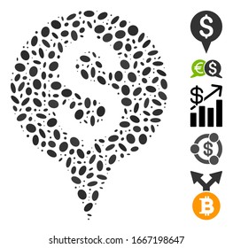 Dot Mosaic based on money map marker. Mosaic vector money map marker is designed with random ellipse dots. Bonus icons are added.
