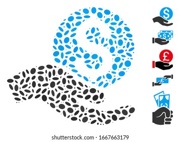 Dot Mosaic based on money donation. Mosaic vector money donation is created with scattered elliptic dots. Bonus icons are added.