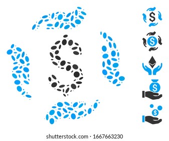 Dot Mosaic based on money care hands. Mosaic vector money care hands is formed with scattered oval elements. Bonus icons are added.