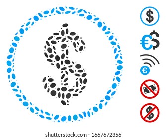 Dot Mosaic based on money. Mosaic vector money is created with scattered oval dots. Bonus icons are added.
