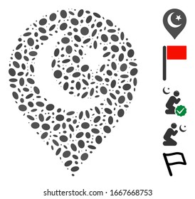 Dot Mosaic based on Muslim symbol marker. Mosaic vector Muslim symbol marker is created with random oval items. Bonus icons are added.