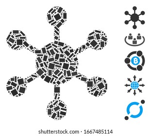 Dot Mosaic based on network node. Mosaic vector network node is designed with random rectangular dots. Bonus icons are added.