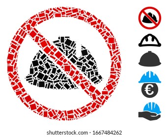 Dot Mosaic based on no protective helmet. Mosaic vector no protective helmet is created with randomized rectangular dots. Bonus icons are added.