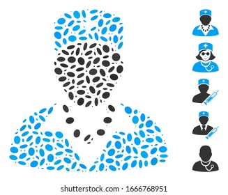 Dot Mosaic based on nurse. Mosaic vector nurse is created with randomized oval items. Bonus icons are added.