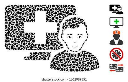 Dot Mosaic basado en la medicina en línea. La medicina virtual vectorial mosaico está diseñada con puntos ovales dispersos.