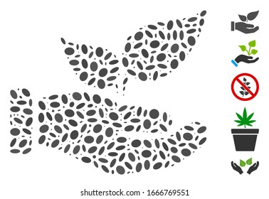 Dot Mosaic auf der Basis von biologischem Beistoff Hand. Die Hand der organischen Vektorillustration der Mosaik besteht aus zufälligen Ellipsenelementen. Bonussymbole werden hinzugefügt.