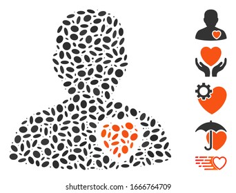 Mosaico de puntos basado en el corazón del paciente. El corazón del paciente vector mosaico se crea con puntos elípticos dispersos. Se agregan iconos de bonificación.
