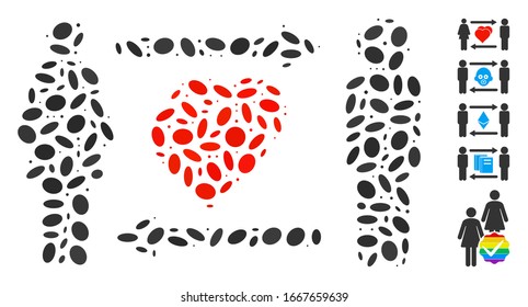 Dot Mosaic based on people exchange love. Mosaic vector people exchange love is created with random oval spots. Bonus icons are added.