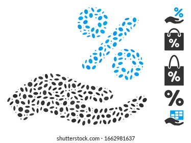 Dot Mosaic based on percent offer hand. Mosaic vector percent offer hand is composed with random oval elements.