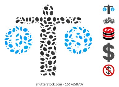 Dot Mosaic based on person compares currency. Mosaic vector person compares currency is formed with random ellipse elements. Bonus icons are added.