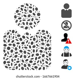 Dot Mosaic basiert auf Person. Mosaik Vektorillustration Person ist mit zufälligen elliptischen Flecken entworfen. Bonussymbole werden hinzugefügt.