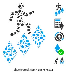 Dot Mosaic based on person climb Ethereum. Mosaic vector person climb Ethereum is formed with random elliptic items. Bonus icons are added.