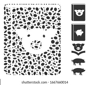 Dot Mosaic based on pig book. Mosaic vector pig book is created with scattered oval items. Bonus icons are added.